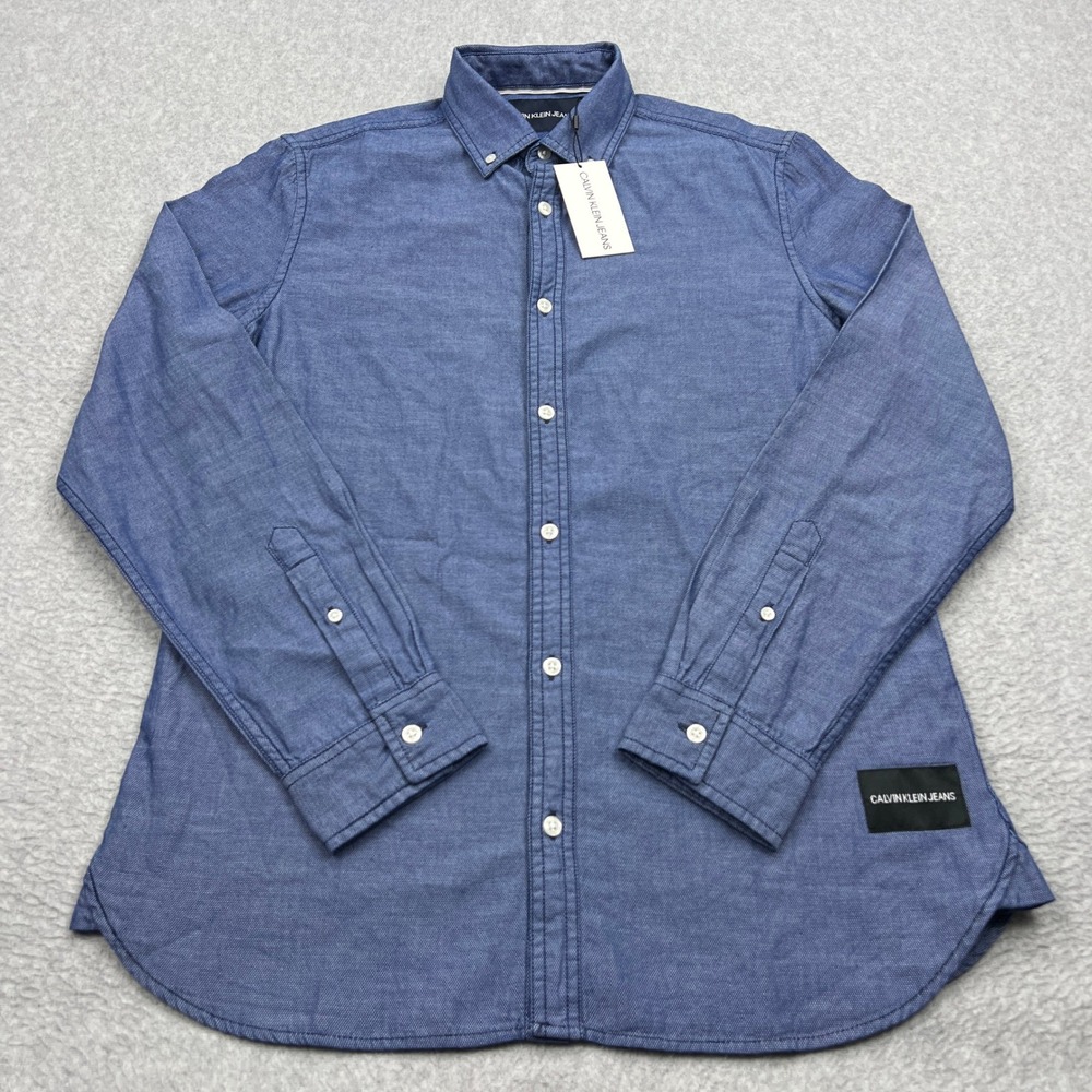 NEW Calvin Klein Jeans Button Down Shirt Mens Small Blue Long Sleeve Logo Patch